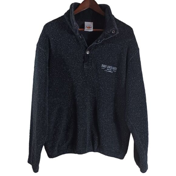 Hard Rock Cafe Los Angeles Pullover Jacket Sz L Black Sherpa Fleece Snap Sweater - Picture 1 of 11